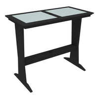 Black table with a sleek design and two clear glass tops. Modern and minimalistic, perfect for any decor style.