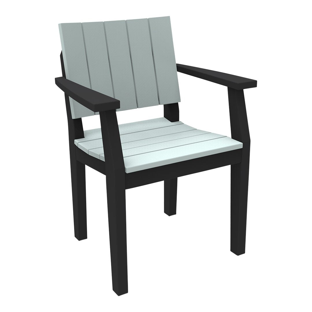 Light gray slatted seat and backrest with sleek black wooden frame, perfect for modern outdoor decor.