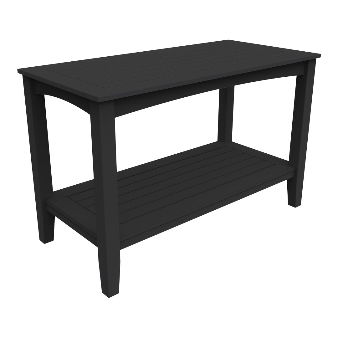 Black outdoor table with a sleek, smooth surface and slatted lower shelf design. Perfect for modern patios.
