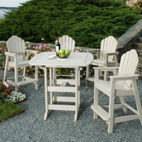 Light beige outdoor dining set with four high chairs and a round table, featuring slatted wood design and a natural setting.