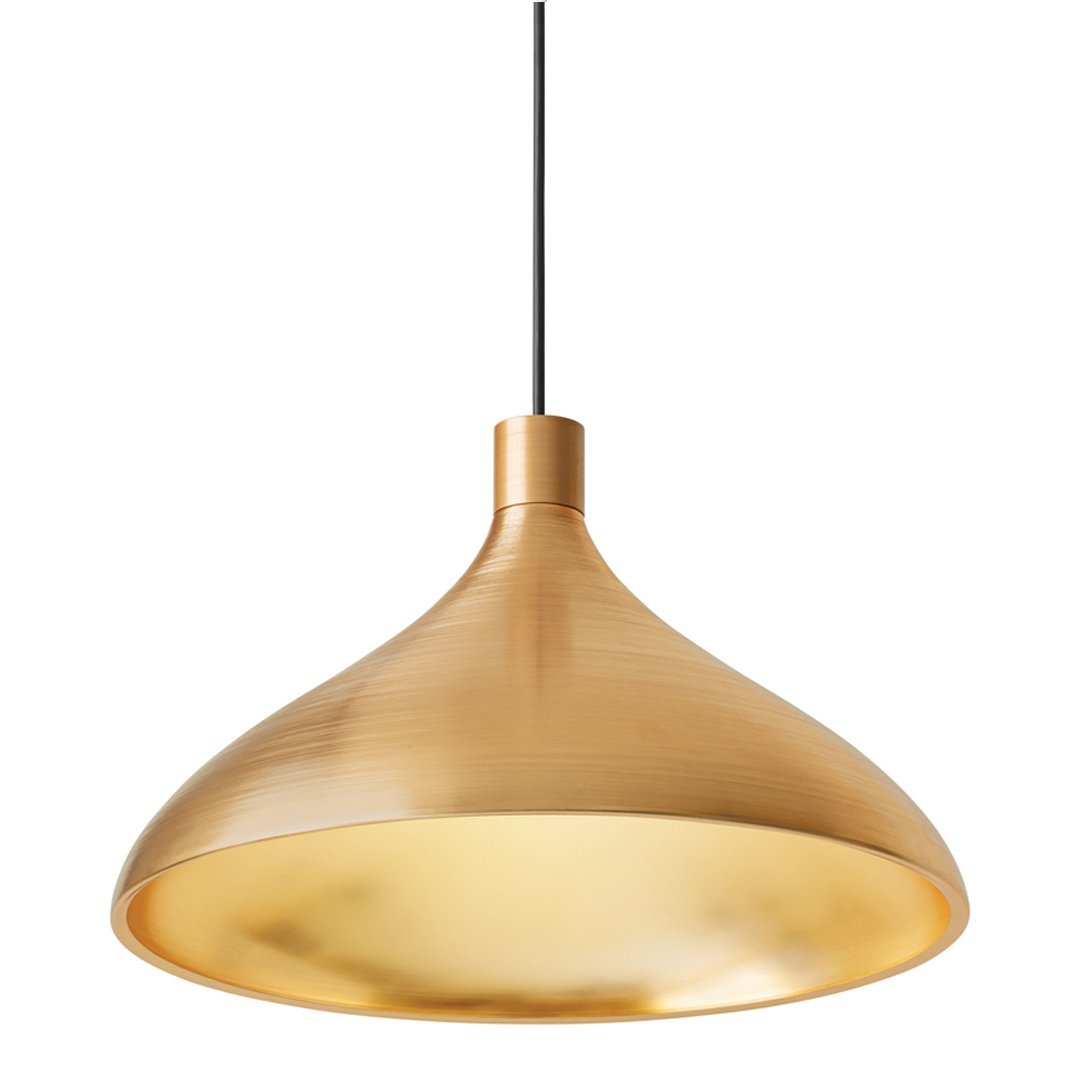 Sleek gold pendant lamp with a smooth metallic finish and subtle reflective interior. Perfect for modern decor.