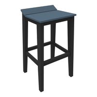Black wooden bar stool with a solid blue seat and minimalistic design. Perfect for modern decor.