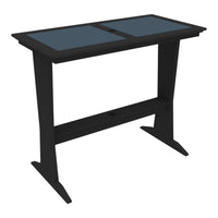 Modern black desk with a sleek finish and contrasting blue top panels. Ideal for contemporary decor.
