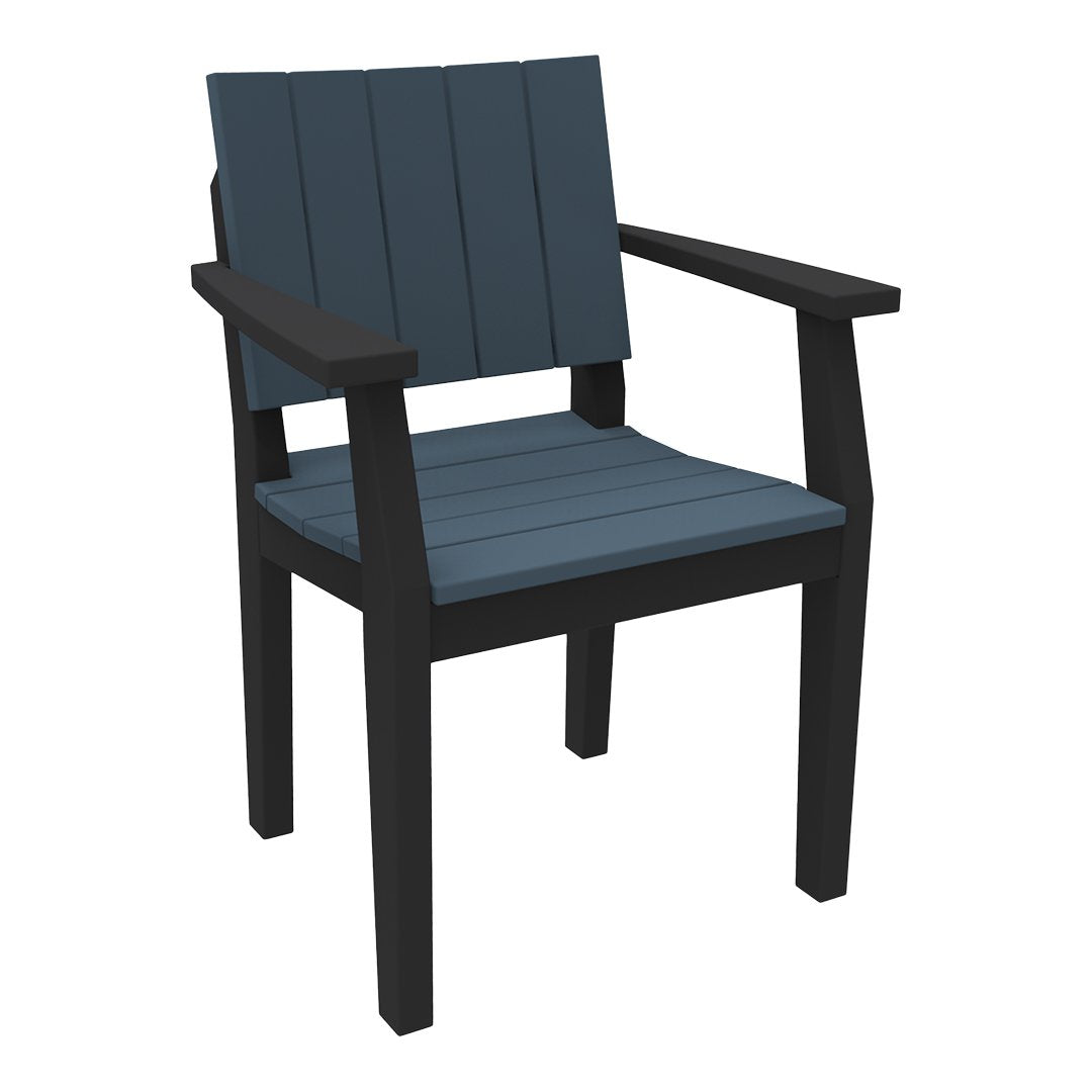 Dark blue slatted seat and backrest with black arms and legs, modern outdoor chair design. Ideal for patio decor.