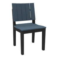 Dark blue slatted chair with a contrasting black frame, perfect for modern outdoor decor.