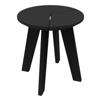 Black round stool with minimalist design and four tapered legs, featuring a sleek, solid black finish.