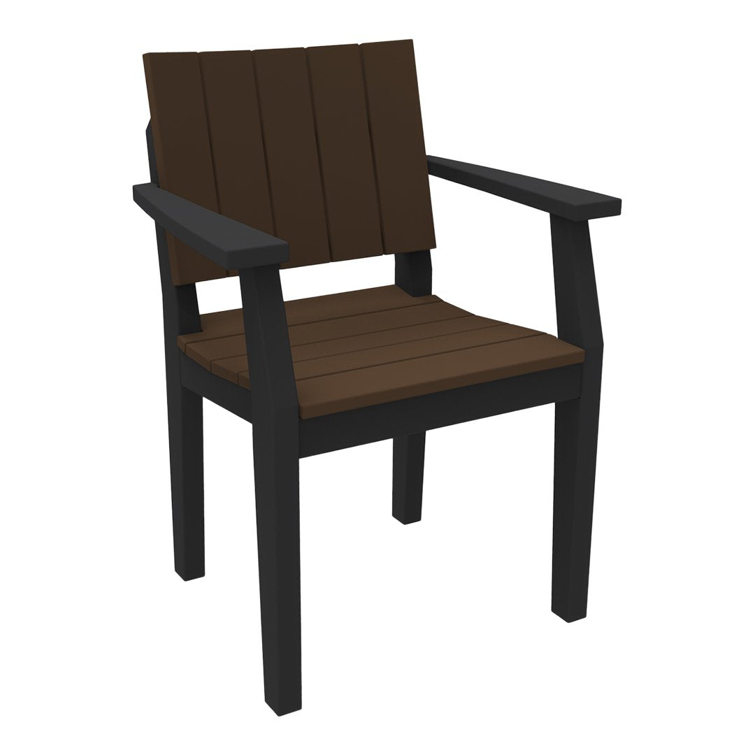 Brown slatted seat and backrest with sleek black armrests and legs, perfect for outdoor settings.