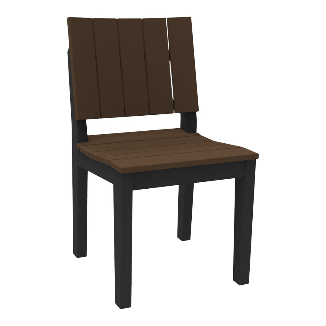 Brown slatted wooden chair with a black frame, featuring a modern, minimalistic design. Ideal for contemporary spaces.