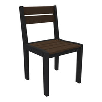 Black wooden chair with a dark brown slatted seat and backrest, featuring a minimalistic design.