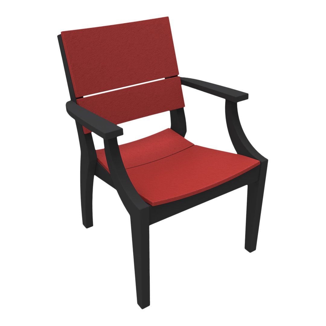 Red outdoor chair with a sleek black frame and simple, modern design. Ideal for stylish patio decor.