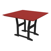 Square red tabletop with vertical slats on a sturdy black frame. Ideal for modern outdoor or indoor settings.
