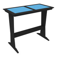 Black table with two blue rectangular tops, sleek design perfect for modern decor. Ideal for home or office use.