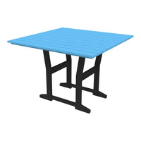 Bright blue slatted tabletop with a sturdy black metal base, perfect for outdoor dining or casual gatherings.