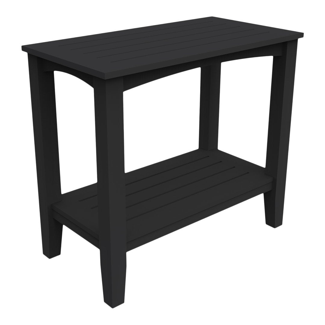 Black wooden table with a slatted top and two open shelves, featuring a sleek, modern design. Perfect for any space.