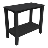 Black wooden table with a slatted top and two open shelves, featuring a sleek, modern design. Perfect for any space.