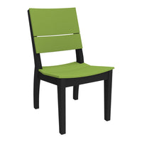 Green slatted chair with black frame, showcasing a modern and stylish design. Perfect for any contemporary space.