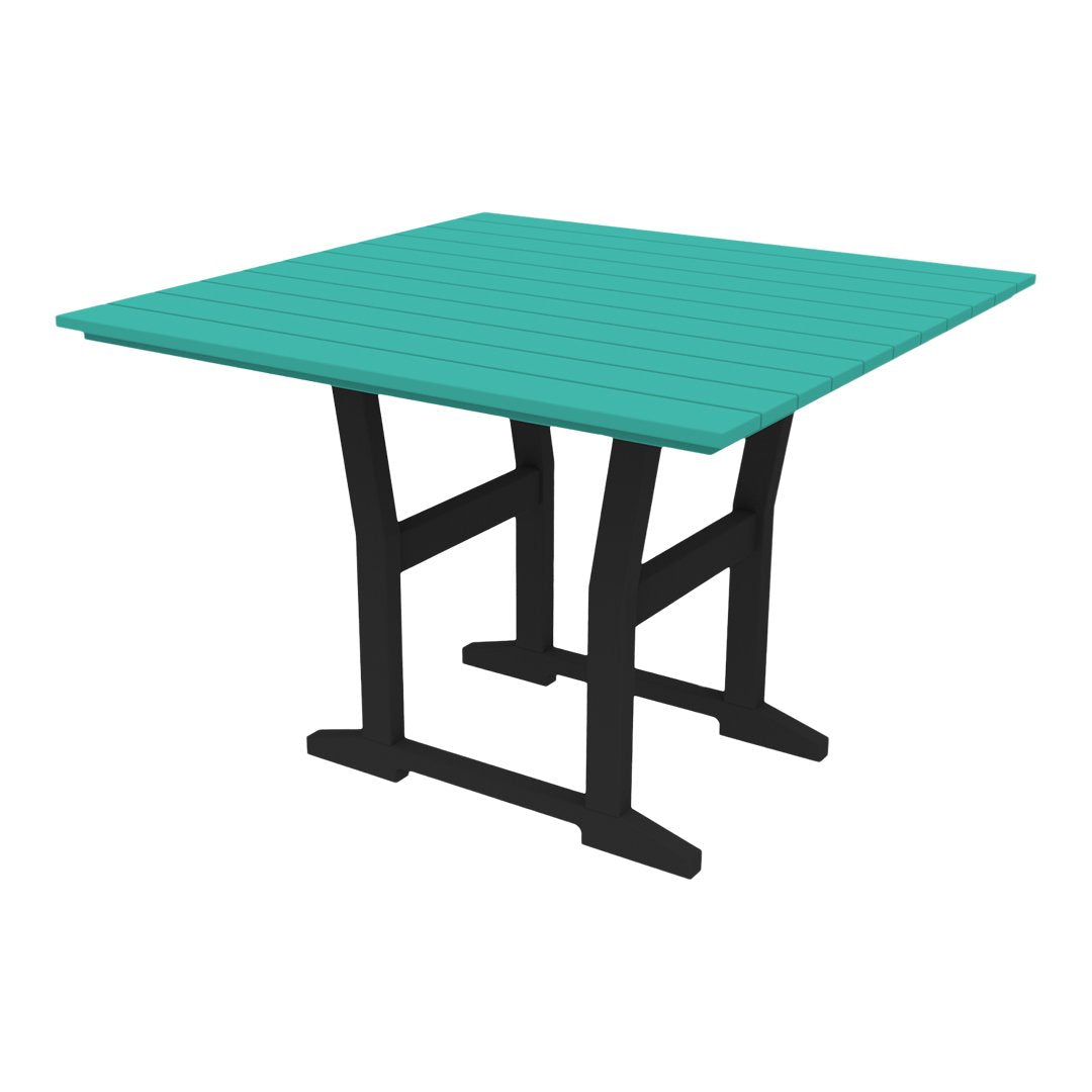 Turquoise square table with a slatted surface and black metal frame for a modern and vibrant look.