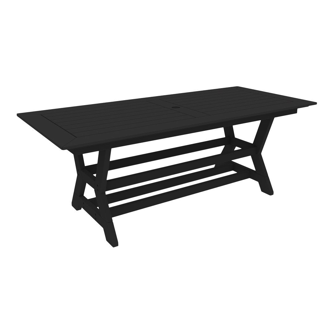 Black rectangular table with a slatted base, featuring a sleek, modern design. Ideal for contemporary outdoor settings.