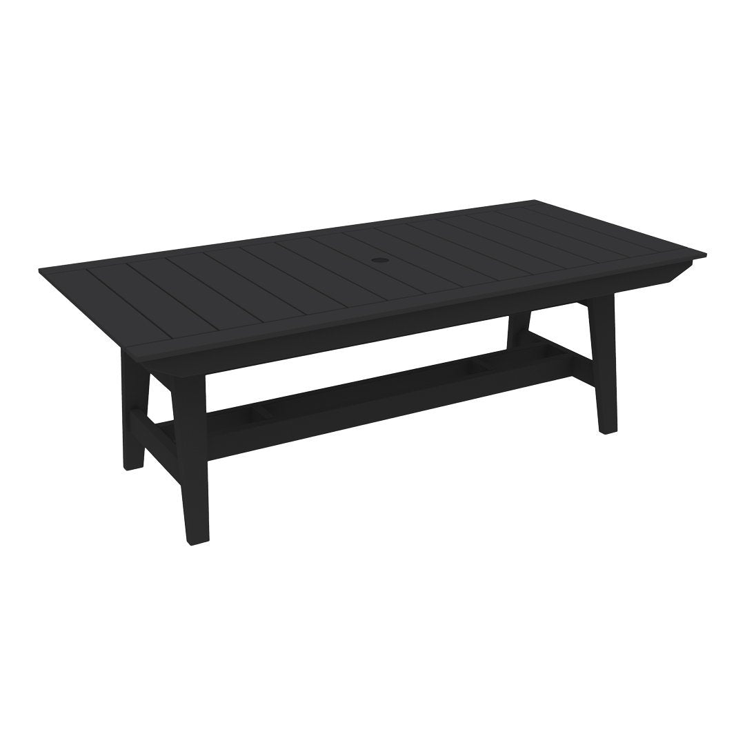 Black rectangular outdoor coffee table with a slatted surface and sturdy legs, perfect for modern patios.