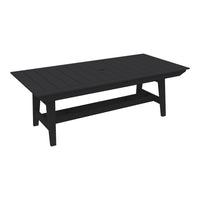 Black rectangular outdoor coffee table with a slatted surface and sturdy legs, perfect for modern patios.