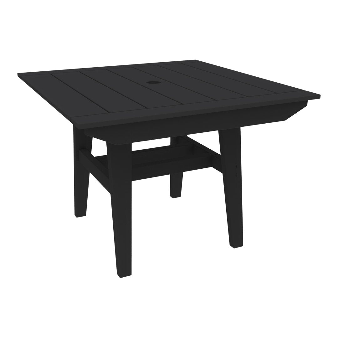 Black square outdoor table with a slatted top design, featuring sturdy legs and a central umbrella hole.