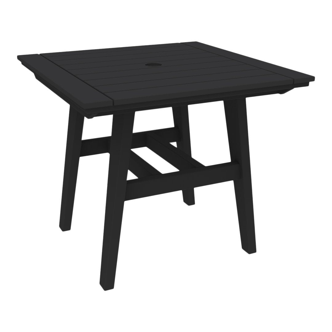 Black square patio table with slatted top and sturdy legs, perfect for outdoor dining and gatherings.