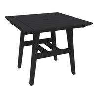 Black square patio table with slatted top and sturdy legs, perfect for outdoor dining and gatherings.