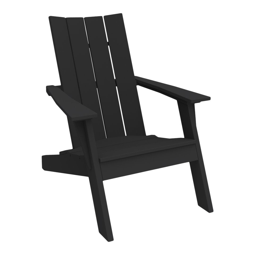 Black wooden Adirondack chair with a slatted design, perfect for outdoor relaxation.