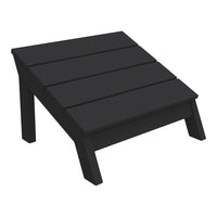 Black wooden outdoor footrest with a slatted design and sturdy angled legs. Ideal for any modern patio decor.