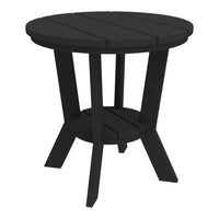 Black round patio table with slatted top and sturdy legs, perfect for outdoor decor.