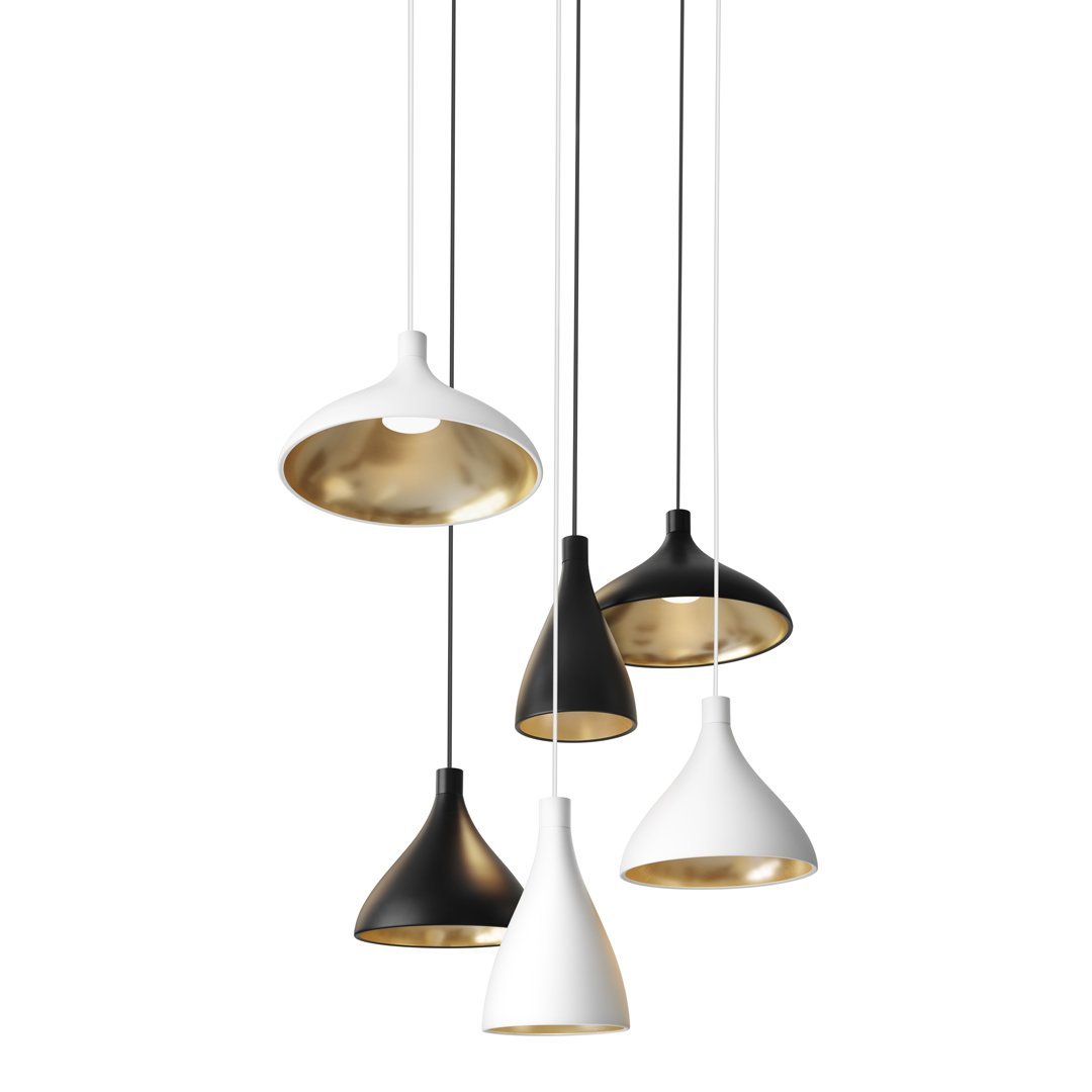 "Modern pendant lights in black, white, and gold finishes with varied patterns and shapes hanging elegantly."