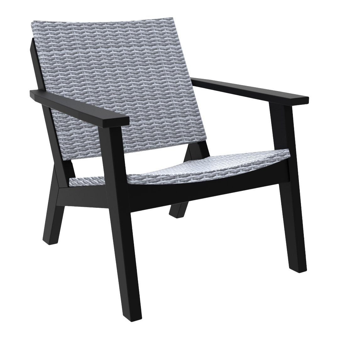 Gray and white wave-patterned seat with a sleek black frame. Perfect for modern outdoor decor.