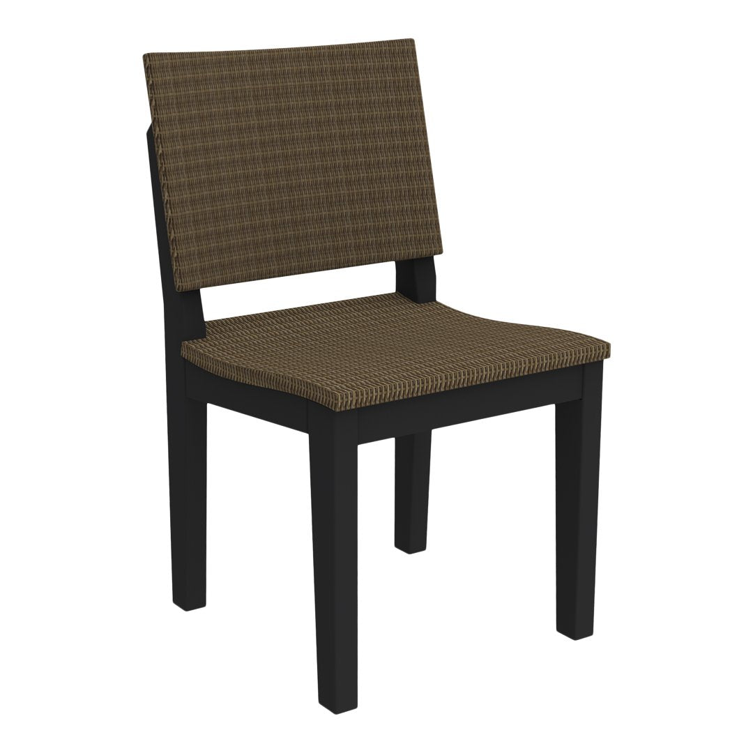 Brown plaid patterned upholstery on a wooden chair with a sleek black frame. Ideal for modern dining spaces.