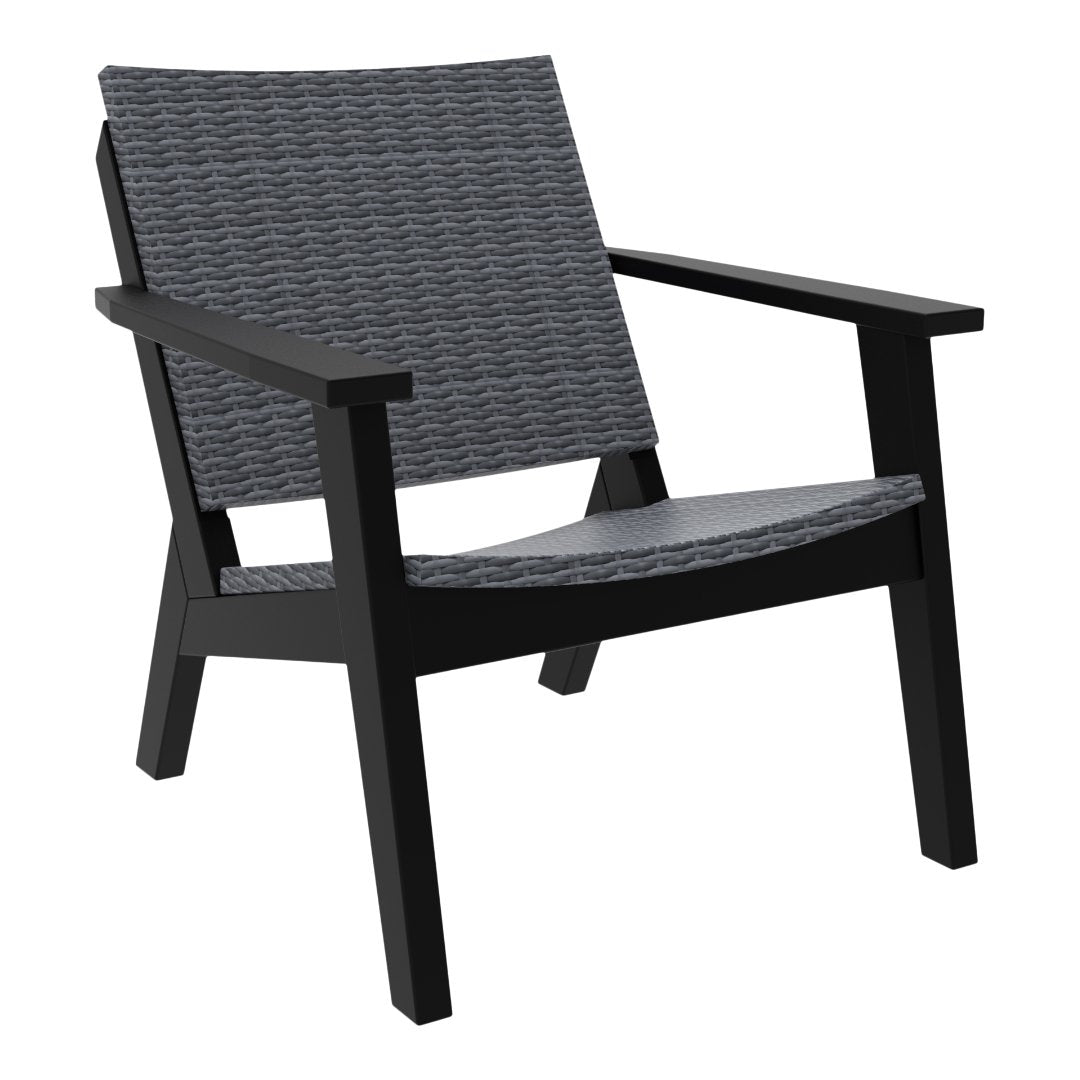 Gray woven pattern chair with a sleek black frame, perfect for stylish outdoor seating.