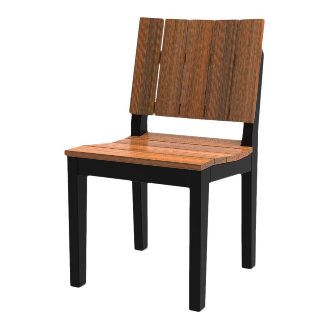 Wooden chair with a rich brown and black finish, featuring sleek, contemporary lines and a slatted pattern.