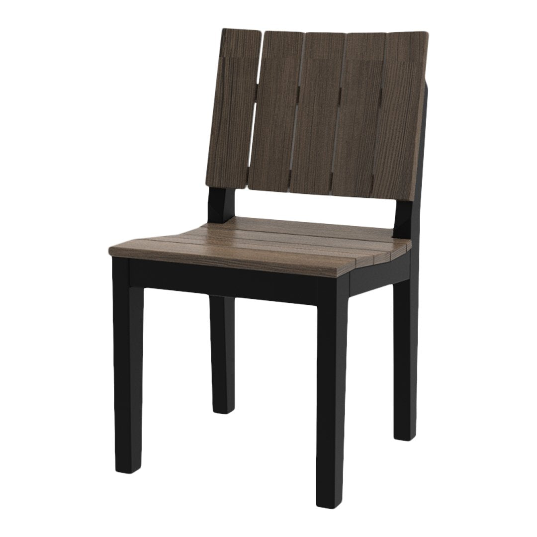 Brown slatted wooden chair with a black frame, featuring a contemporary design ideal for modern interiors.