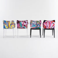 Colorful chairs featuring vibrant patterns in blue, pink, and abstract designs. Ideal for unique décor.