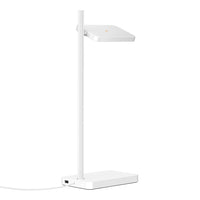 Sleek white desk lamp with a minimalist design, featuring a smooth finish and geometric lines for a modern look.