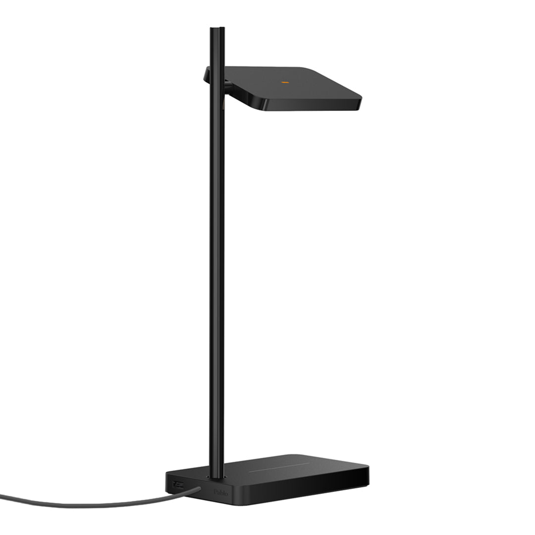 Sleek black desk lamp with a minimalist design, featuring a flat, square lamp head and a sturdy base.