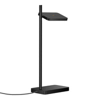 Sleek black desk lamp with a minimalist design, featuring a flat, square lamp head and a sturdy base.