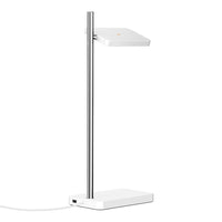 Modern white desk lamp with a sleek silver pole and minimalistic design. Perfect for any contemporary workspace.