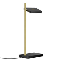 Sleek black and gold desk lamp with a modern, minimalist design and a rectangular shade. Perfect for stylish lighting.