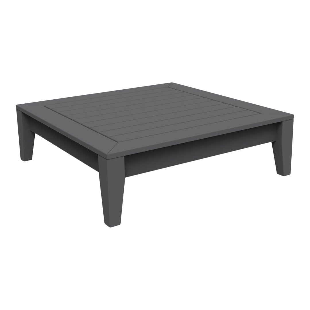 Gray square coffee table with a smooth, slatted top and clean lines, perfect for modern decor.
