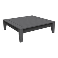 Gray square coffee table with a smooth, slatted top and clean lines, perfect for modern decor.