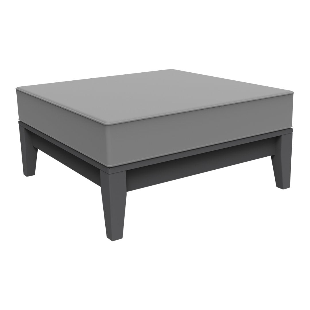 Gray square coffee table with a smooth top and solid black legs. Contemporary design for modern decor.