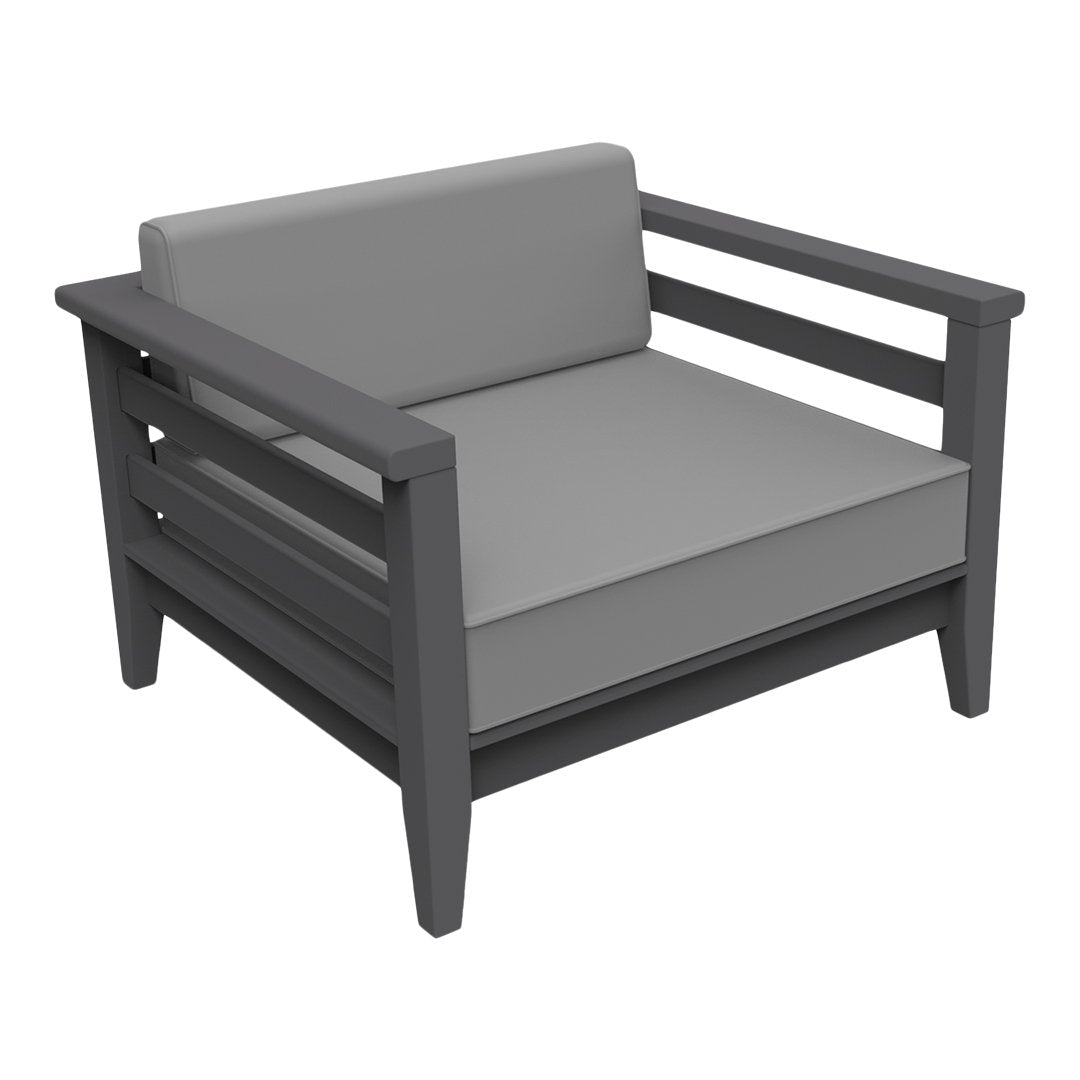 Gray outdoor armchair with a minimalist design, featuring a solid frame and plush light gray cushions.