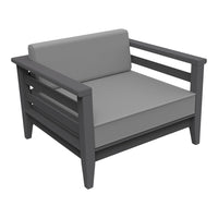 Gray outdoor armchair with a minimalist design, featuring a solid frame and plush light gray cushions.