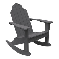 "Solid gray rocking chair with a classic slatted design, perfect for outdoor relaxation."