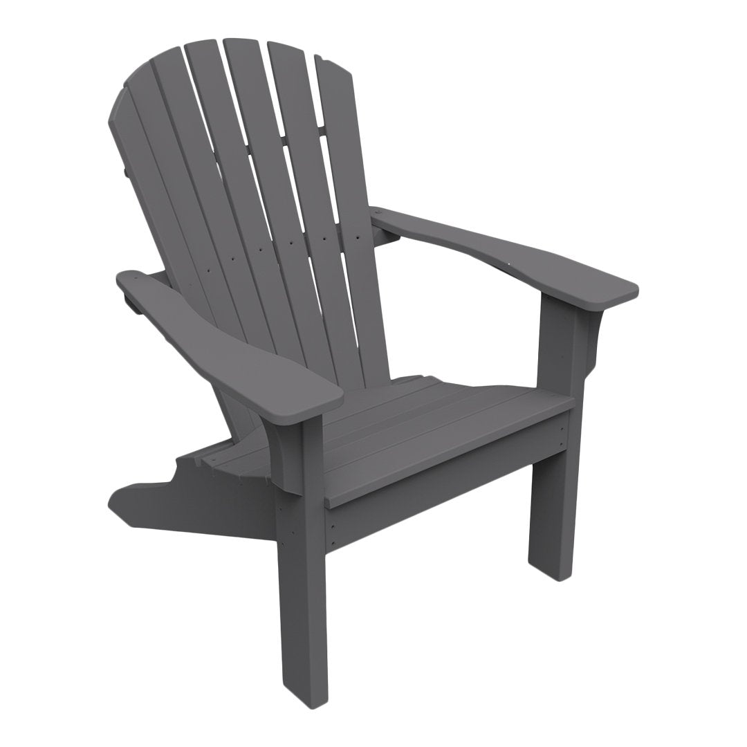 Gray Adirondack chair with slatted back and wide armrests, perfect for outdoor lounging.