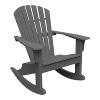 Gray Adirondack rocking chair with a classic slatted design, perfect for outdoor relaxation and comfort.